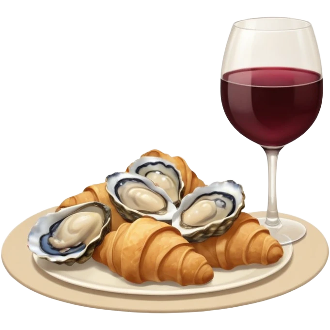 French cuisine humanless avatar in clean emoji-style illustration. Croissant, oysters and wine glass, soft beige tones, simple shapes, flat design, refined and cozy. emoji