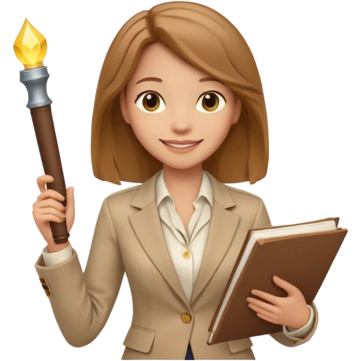 confident female mentor with shoulder-length light brown hair, smiling, smart blazer and blouse, holding scroll as quest guide emoji