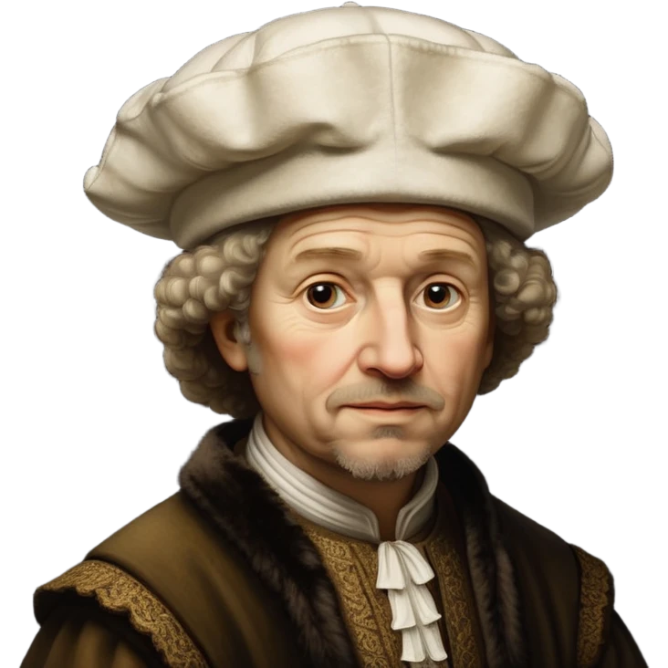 emoji of rembrandt,-shown-as-a-master-artist-with-deep,-introspective-eyes-and-richly-detailed-period-clothing,-rendered-with-dramatic-chiaroscuro-lighting-that-emphasizes-his-legacy white puffy hat emoji