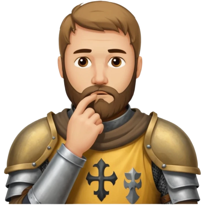 Hazme el emoji de un caballero medieval con actitud muy masculina en diversos estados de animos de los caballeros teutonicos pensativo tocandose la barbilla con la mano emoji
