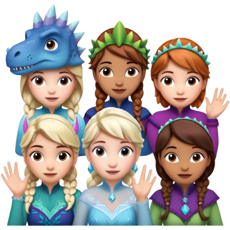 4 chicas montadas en una atraccion de levantando la mano con orejas de dines puestas en una atracción, la barca esta diseñada con dibujos de frozen emoji
