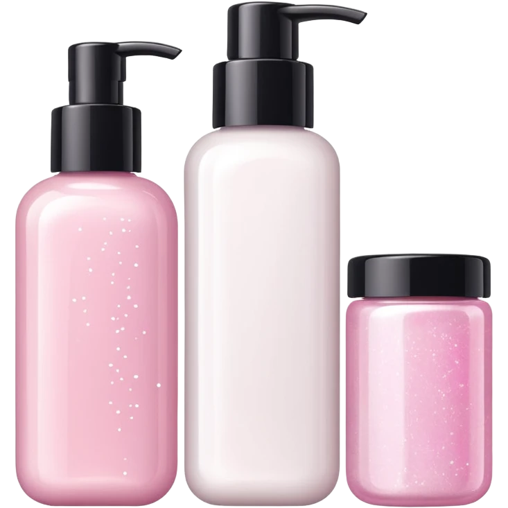 three white standing beauty products, sparkles around emoji