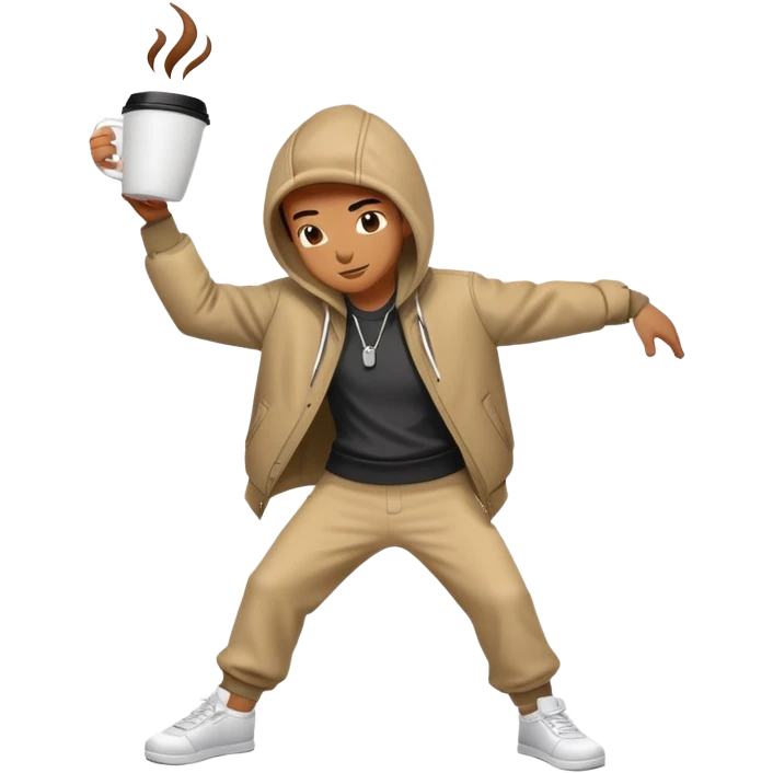 Breakdancing figure with a coffee cup for a head emoji