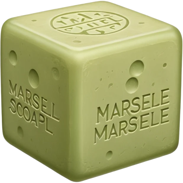 single cube of traditional Marseille soap, matte slightly rough surface, pale olive-green color, embossed classic markings on sides, natural imperfections like air bubbles and uneven edges, no packaging or extras, soft lighting, subtle shadows, emoji scale emoji
