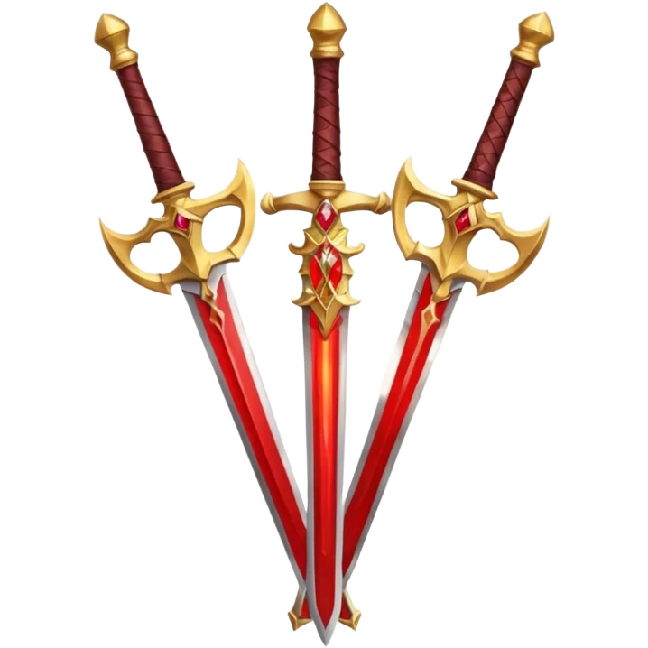 Two crossed swords that are golden in blade and handle and have fiery and royal appearence to them as well as red gem stones emoji