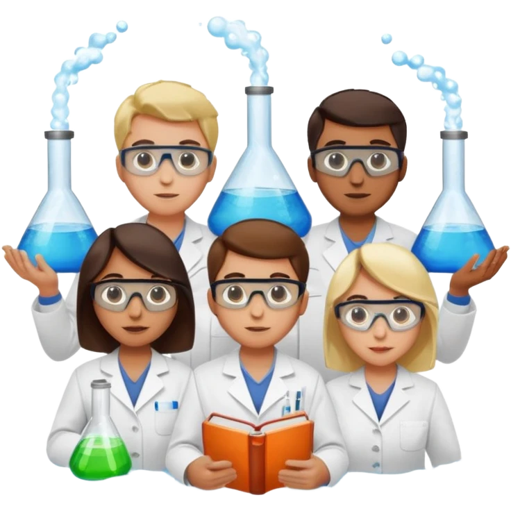 The team of scientists is waist-deep, surrounded by chemical flasks and books emoji