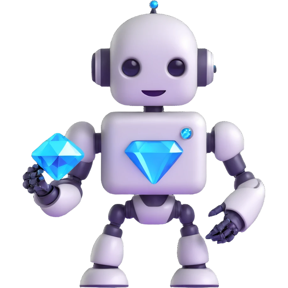 smiling robot holding a blue diamond with a futuristic glow effect emoji