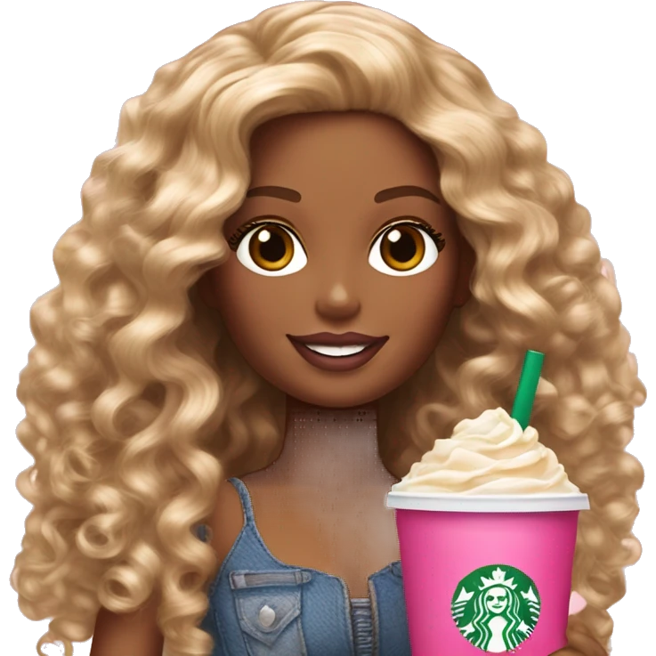 Barbie girl with brown and blonde ombré long curly hair holding Pink starbucks refresher emoji