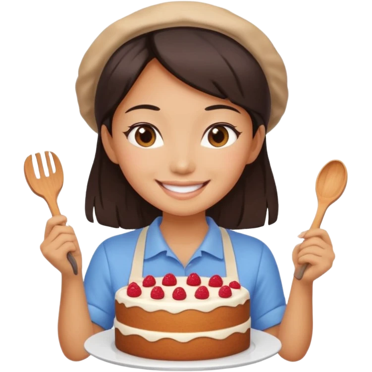 hot Asian girl baking a cake, smiling emoji