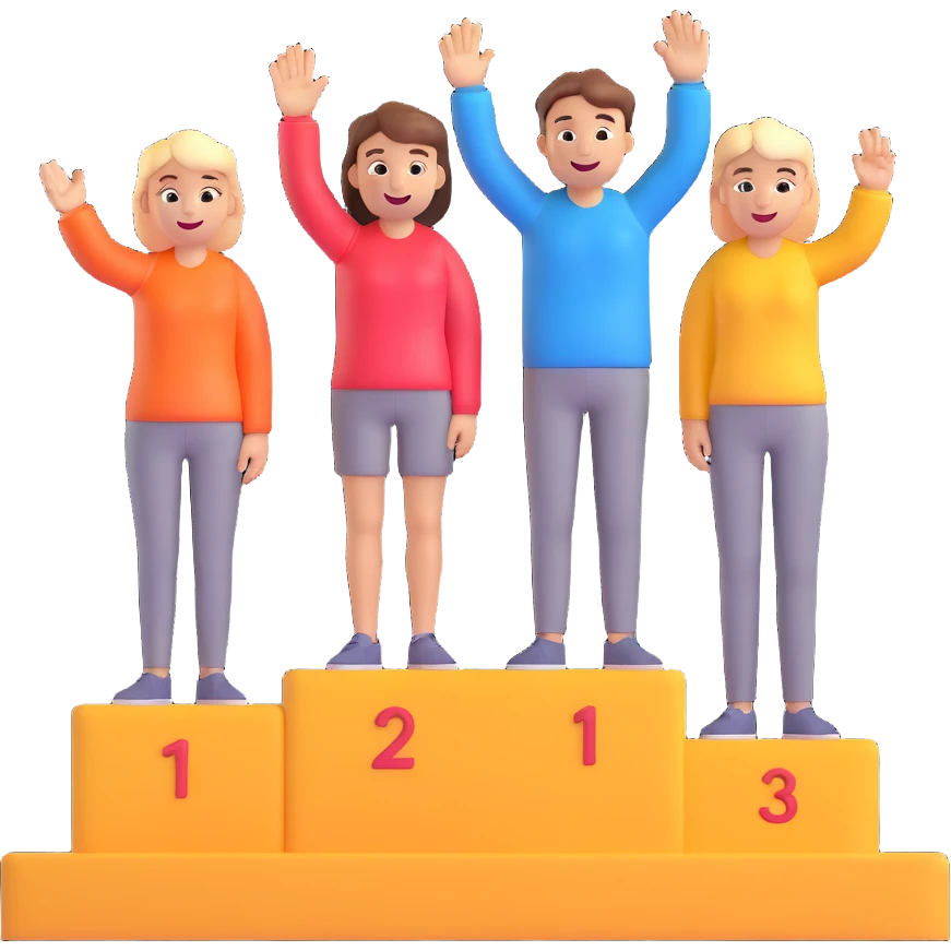 winners podium with three people, numbers 2, 1, 3 left to right, all in relaxed casual clothes, center person on 1 step raising one finger on each hand, cheerful, expressive, friendly, 3D emoji style emoji