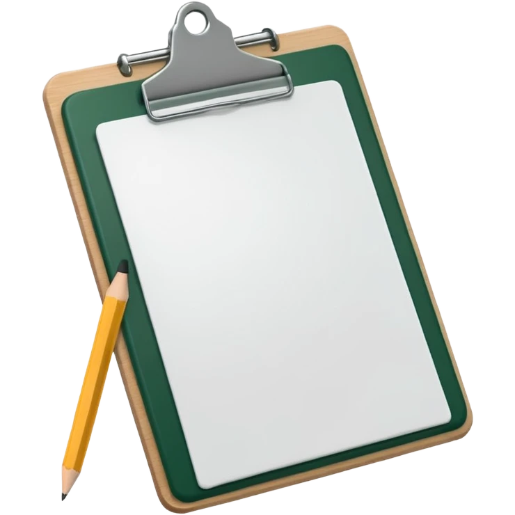 white sheet of paper with dark green clipboard and pencil on top, iOS emoji style, minimalism emoji