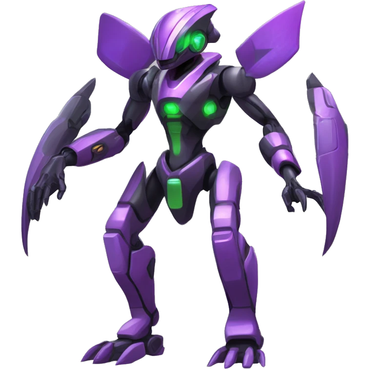a shiny black-green-purple Genesect-Raptor-Fakémon-Medabot-hybrid with a futuristic visor-helmet full body emoji