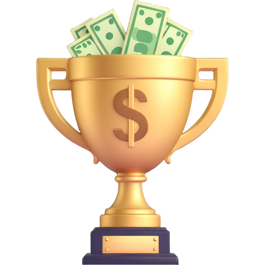 highly-detailed, realistic 3D icon of a large trophy filled with dollars and money, brightly lit, isolated on transparent background emoji