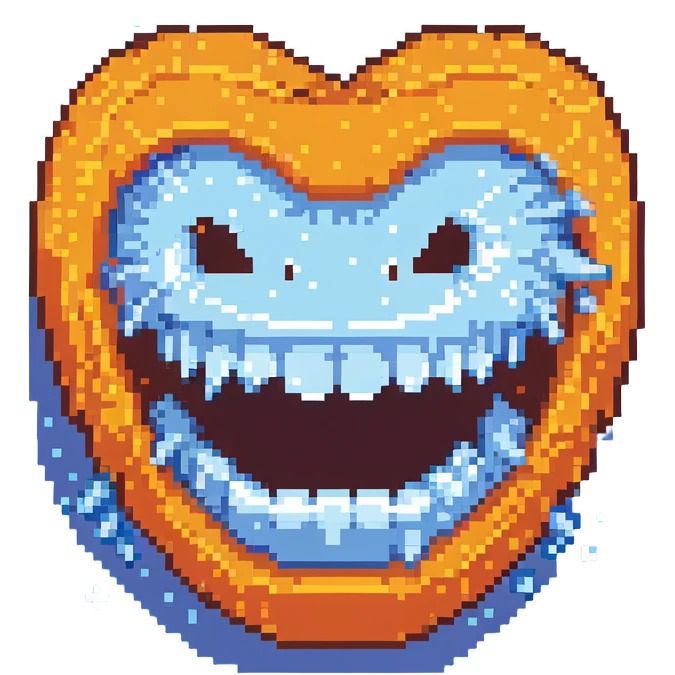 Pixel art blue freezing face with chattering teeth and ice crystals emoji