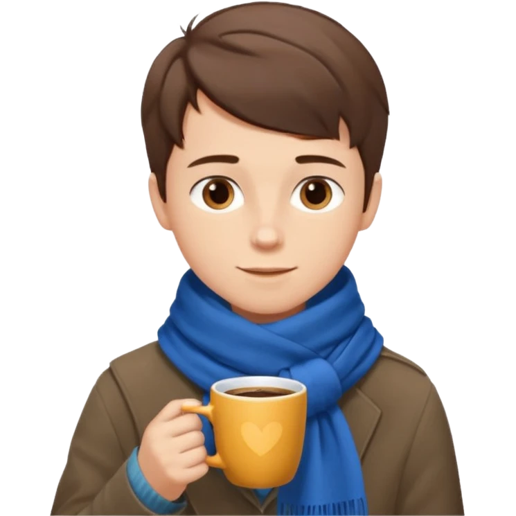 a boy with short hair, having scarf,  drink coffee, enjoy emoji