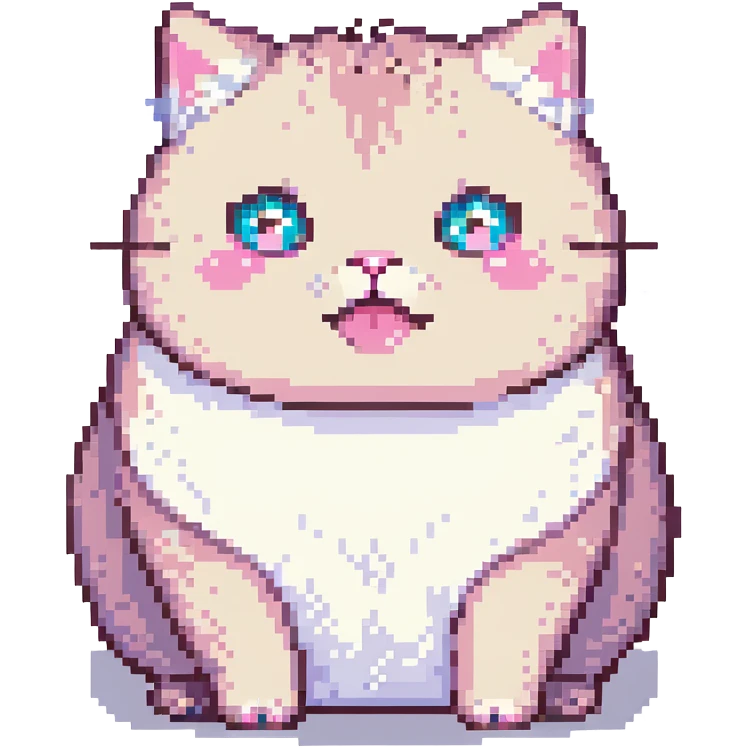 cute pixel art emoji of a small chubby cat sitting down, big sparkling eyes, pink cheeks, happy expression emoji