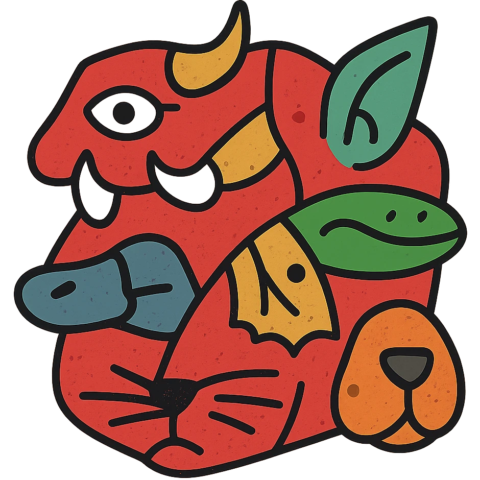 a red collage icon made of irregular cut-up pieces of different animal faces with visible line splits between them: one piece showing stoat eye, another showing minotaur skull horn, another showing frog mouth, another showing elf ear, another showing moth wing, another showing cat whiskers, another showing platypus bill, another showing capybara nose, arranged in an irregular overall shape, weathered and worn appearance emoji