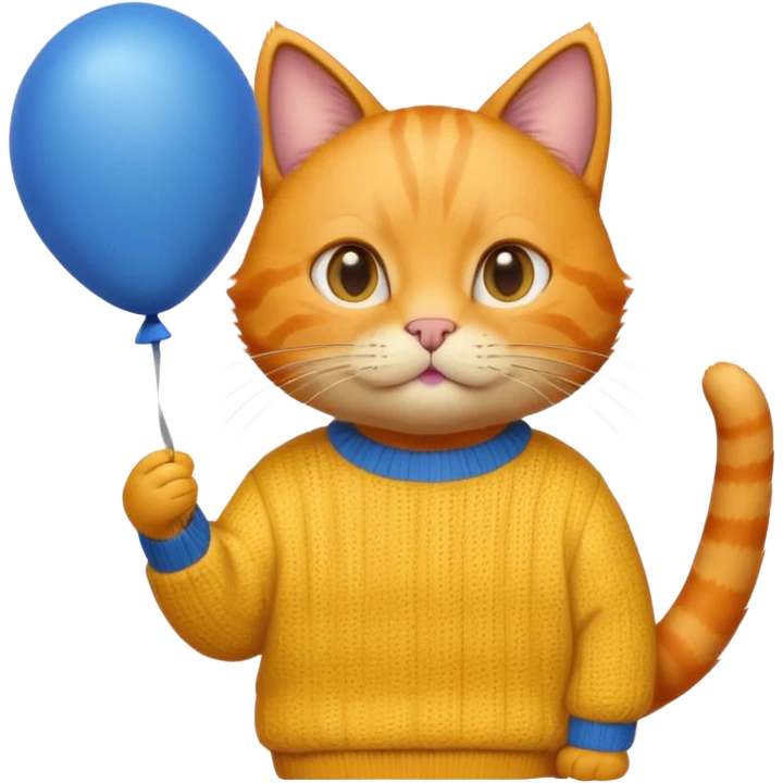 orange Cat hold blue balloon, yellow sweater emoji