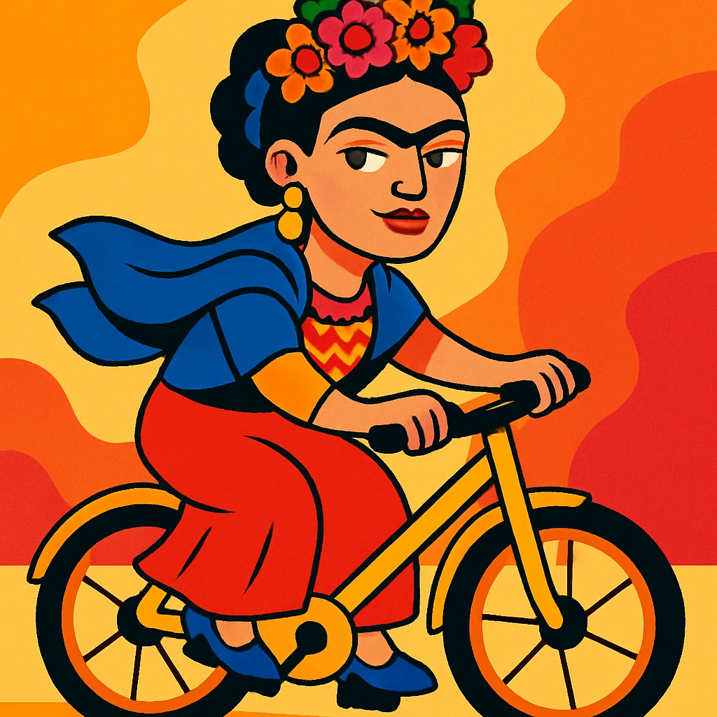 Frida Kahlo riding a bicycle, vibrant colors, floral headpiece, expressive face, artistic style emoji