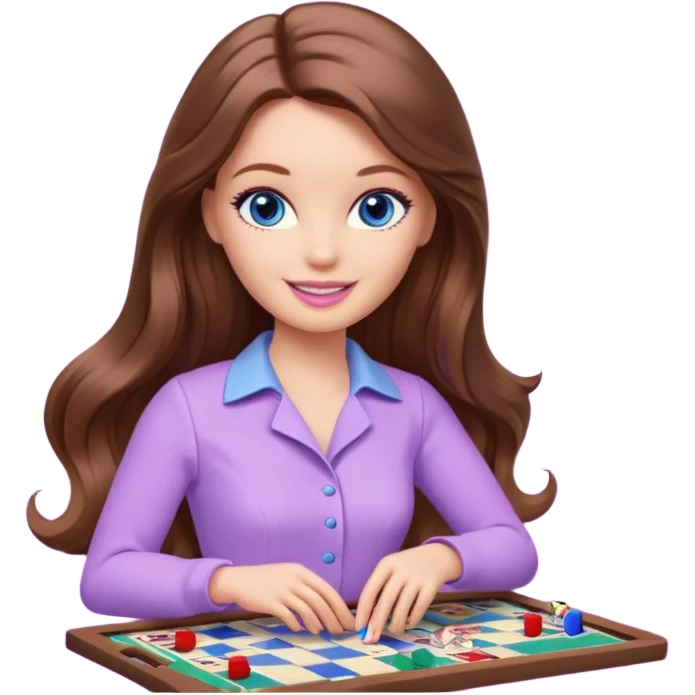 beautiful barbie girl with long brown hair, blue eyes and wearing light purple clothes playing board games emoji