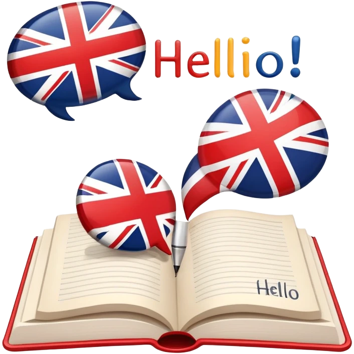 An icon featuring an open book with English words and phrases, a speech bubble with 'hello', and a British flag. The design includes a pen, alphabet letters, and grammar symbols, symbolizing the study and mastery of the English language. Transparent background. emoji