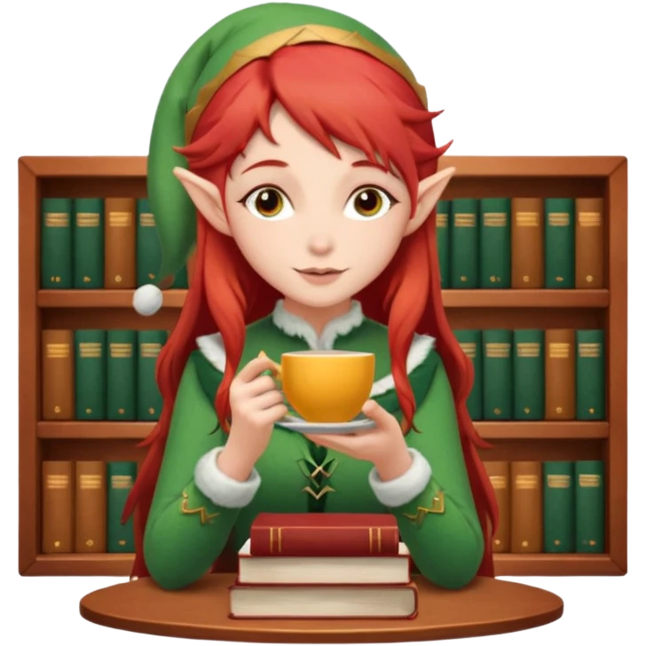 elf-like girl with red hair sipping tea with a stack of books beside her  emoji
