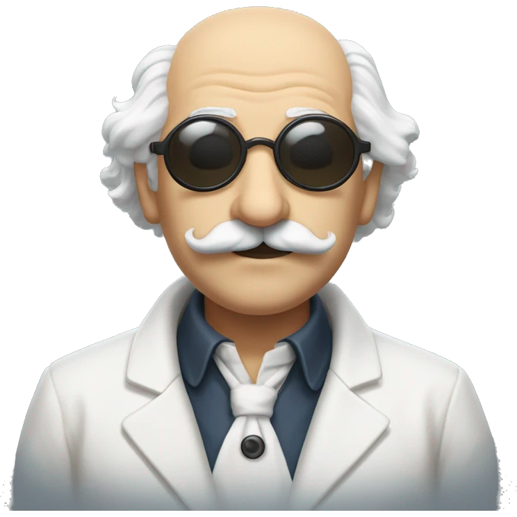 a scientist resembling Albert Einstein, bald over head, with black hair on the sides of his head, a large mustache and circle like sunglasses. Wearing a white duster.  emoji