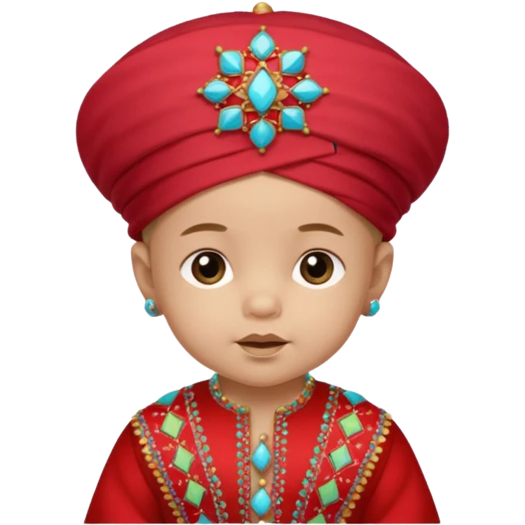  baby boy dressed in colorful ghalibiya with delicate decorations with a red Moracain hat emoji
