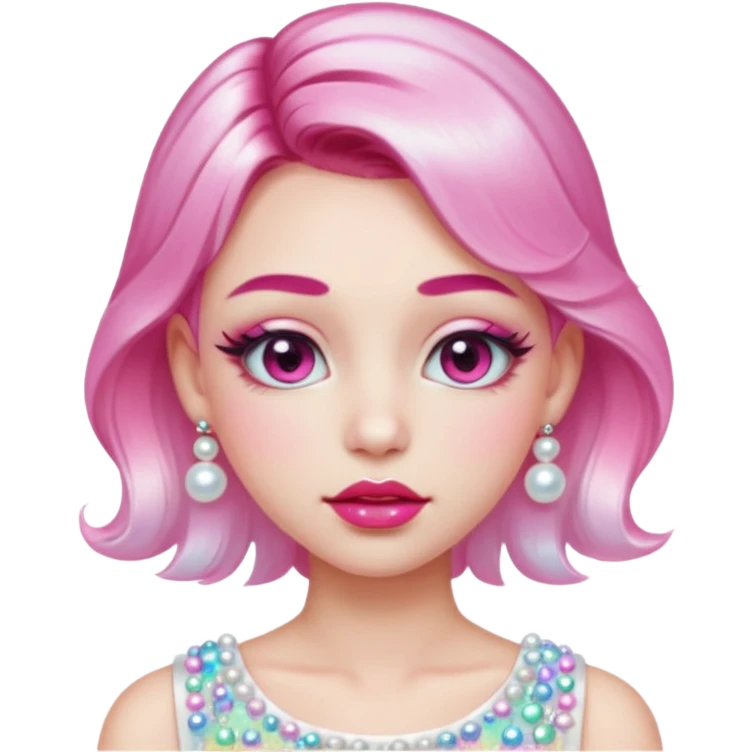 “Emoji girl, glossy pink eyelids, ombré cherry lips, soft contour, subtle glitter under eyes, pearl hair clips, trendy hairstyle, iridescent modern top.” emoji