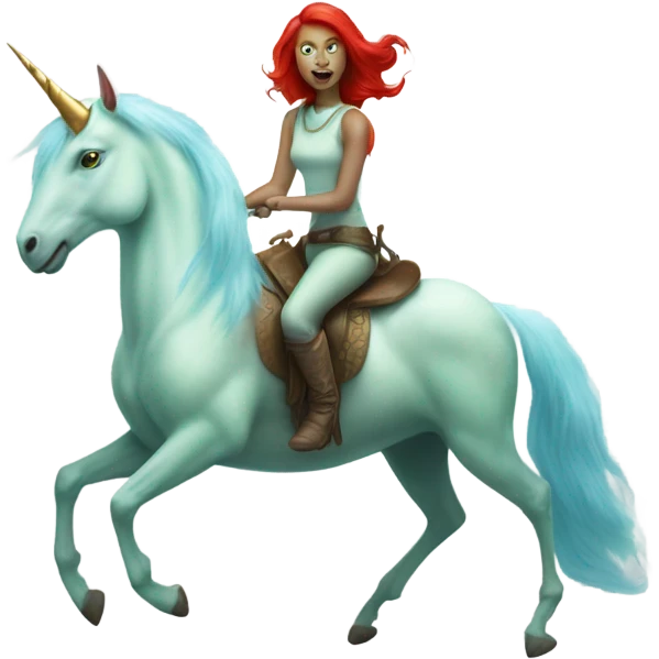 [politically incorrect
	{ woman: alien, color: light green, hair:red, eyes:cat} ]
	on a 
	[{ unicorn: white, legged:four, mane: light blue }] emoji