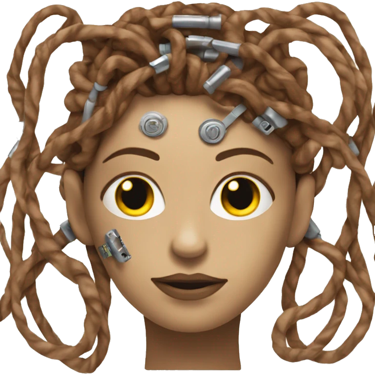 metal female cyborg face with long brown curly hair and circuitry emoji