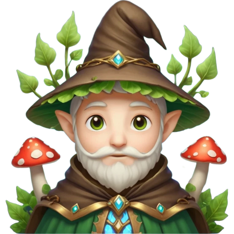 mushroom wizard portrait, head and shoulders only, glowing spores, leafy cloak collar, magical eyes, cute fantasy style, 3D cartoon, mobile game icon style, clean background, no text, no watermark

 emoji