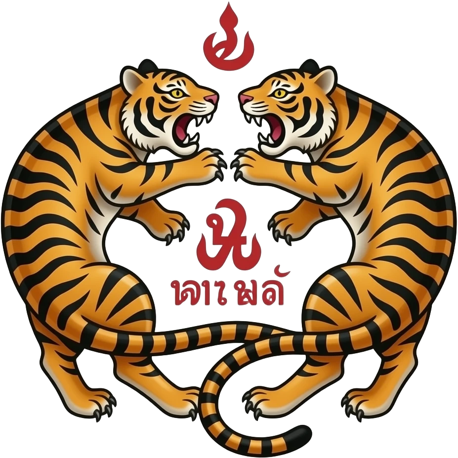 Muay thai Sak yant twin tigers tattoo with thai writing emoji