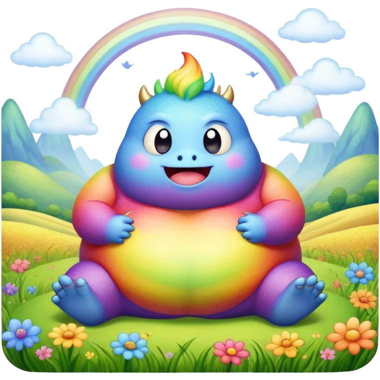 Kawaii derpy fat rainbow monster sitting in a magic field, rich textures, visually detailed, so lifelike that it feels like it could leap off the page at any moment emoji