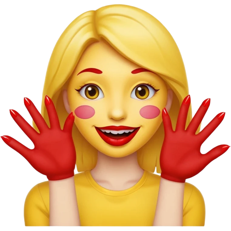 yellow smiley emoji face with big red lips and two hands with long red nails emoji