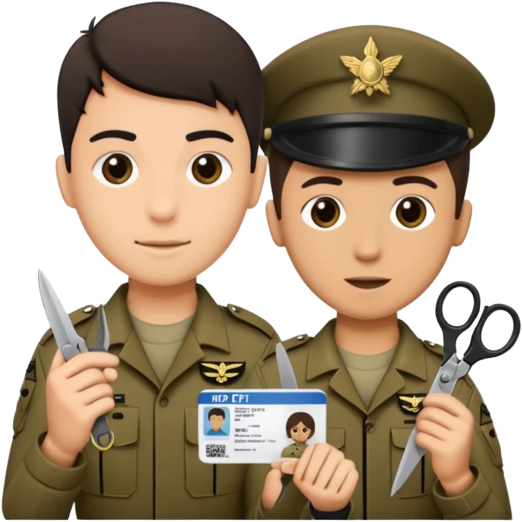 black Scissors cutting an idf soldier ID card in 2 parts .hyper realistic emoji