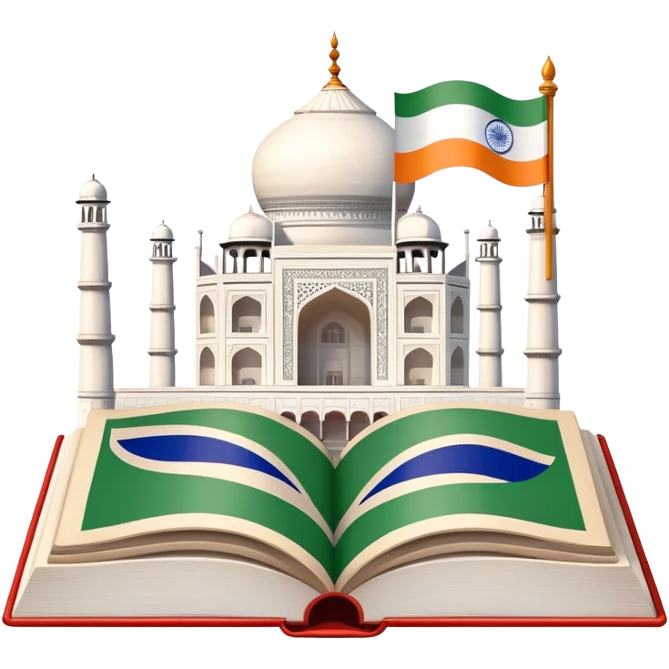 An icon featuring the Taj Mahal and the flag of India, symbolizing the Hindi language. The design includes an open book with Hindi script, representing language learning and cultural richness. Transparent background highlights the heritage of India. emoji