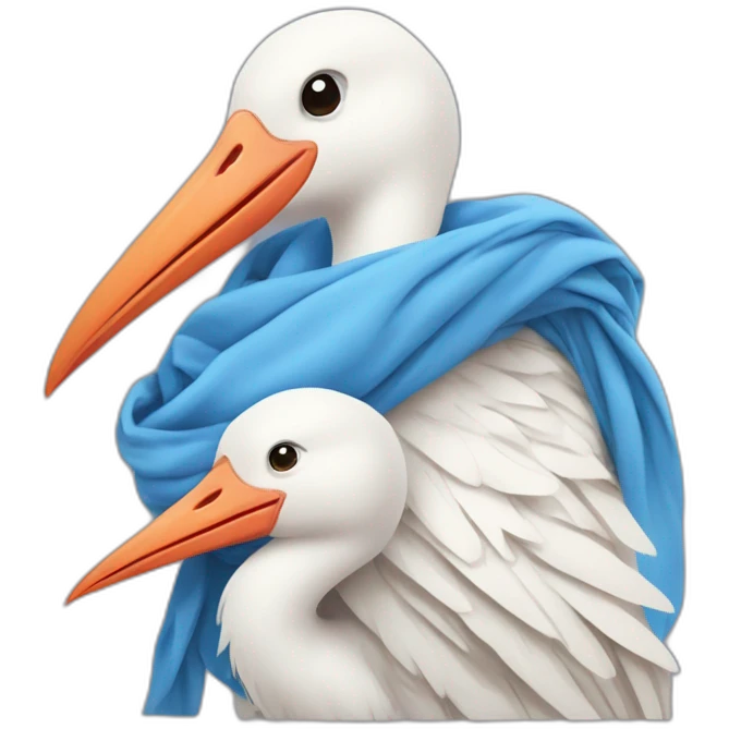 White stork carrying a blue bundle of cloth in its beak that has a human person cute baby with and the human baby head is peeking from the fabric bundle the strok is carrying with its beak emoji