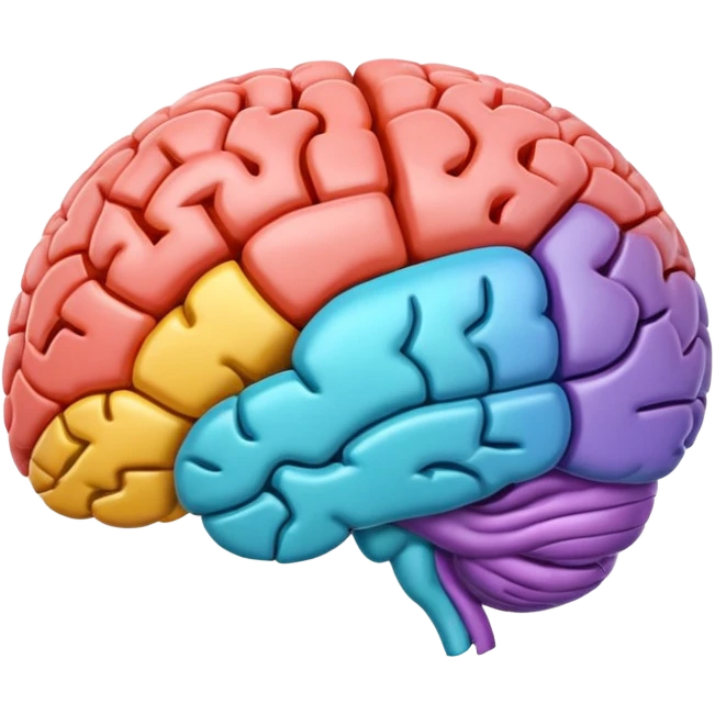 emoji icon of side view of brain with details of the brain structure and in detailed 3d rendring, colored to highlight different sections emoji