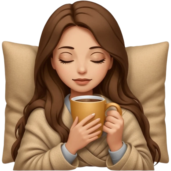 long brown hair woman closed eyes covered with cozy wool beige blanket, holding cup of coffee, autumn mood emoji