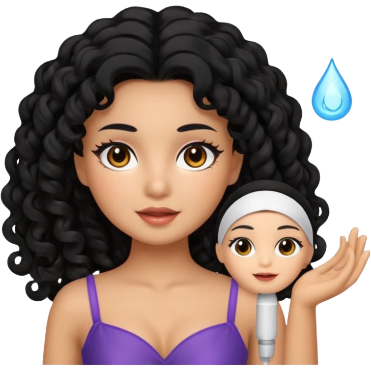 Uma boneca morena com olhos castanhos e cabelo cacheado longo preto, fazendo skin care emoji