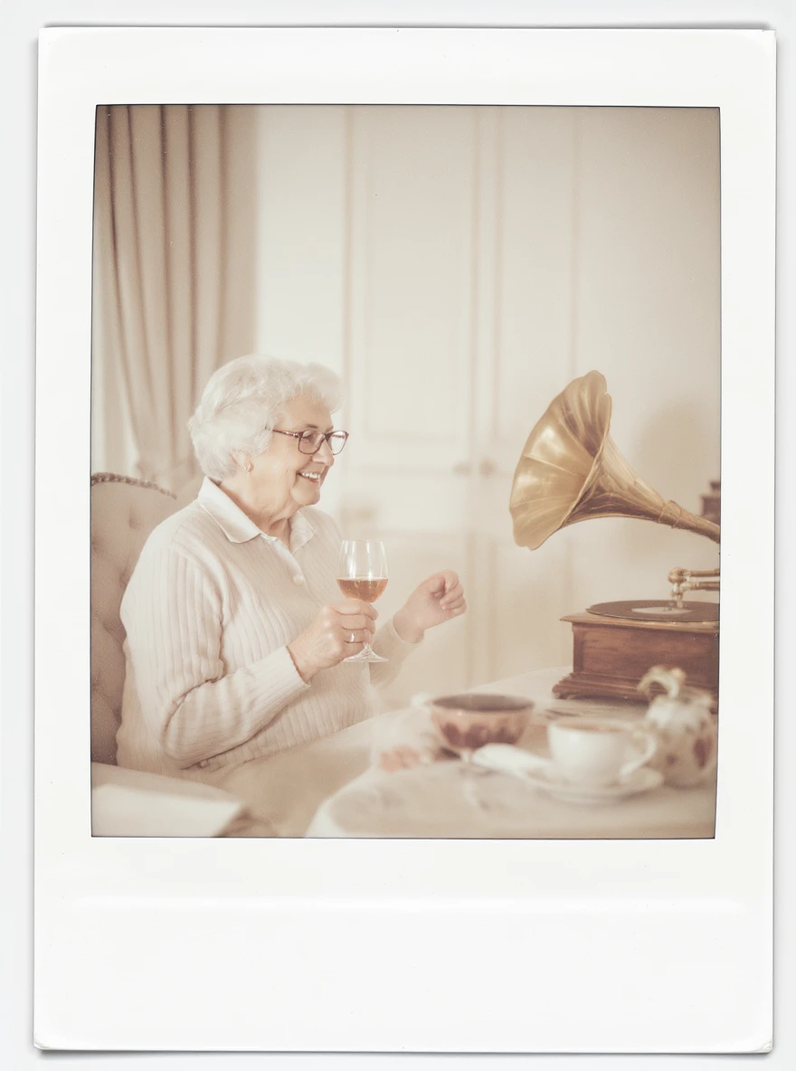 old lady with wineglass listening to gramophone emoji