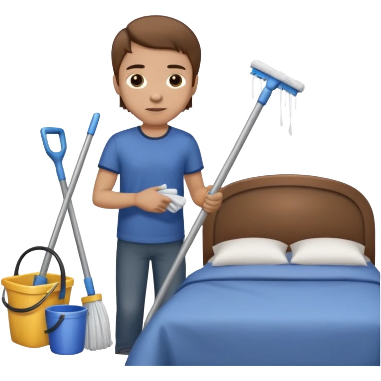 Man with light skin, brown hair, and brown eyes, cleaning a bedroom  emoji