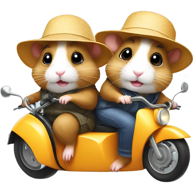 Two hamsters wearing sun hats driving by motorbike emoji
