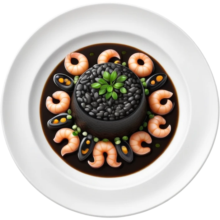 cinematic-realistic-black-risotto-dish-emoji,-showcasing-small squid pieces in black sauce -rendered-with-bold-textures-and-dynamic,-dramatic-lighting in a white plate emoji