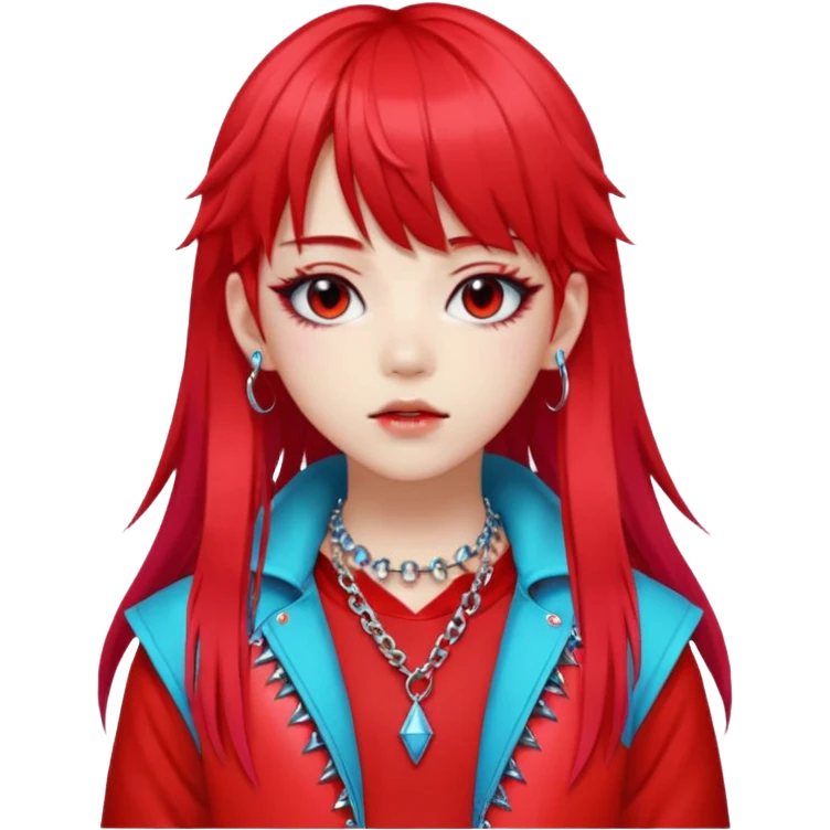  portrait-of-a-red devil-k-pop-idol,-wearing-a-stylish-streetwear-outfit-with-layered-colorful-clothing,-long-hair-with-bangs,-makeup,- emoji