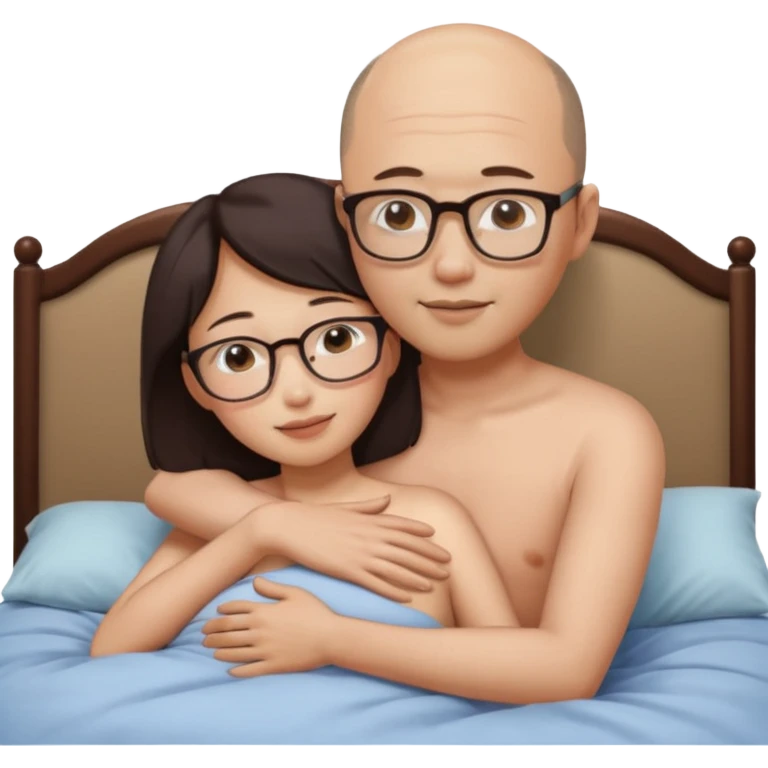 asian woman and slightly balding asian man wearing naked in bed hugging.  Only the man wears glasses. emoji