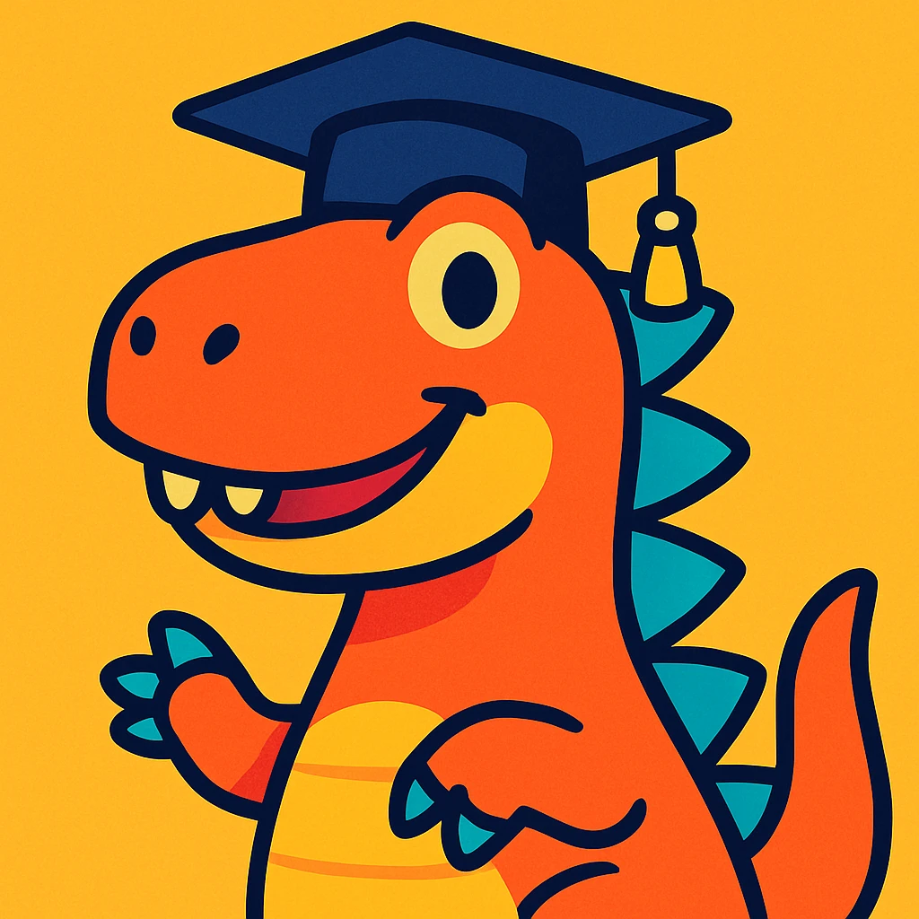 dinosaurio con gorro de grado, estilo ilustración colorida emoji