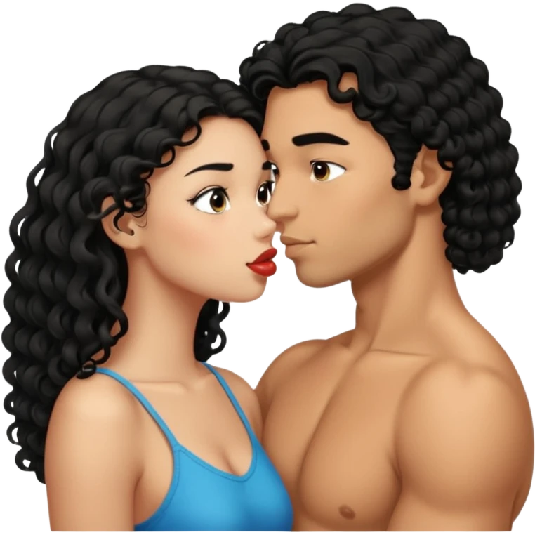 a strong man with straight short black hair kissing a shorter girl with long black curly hair emoji