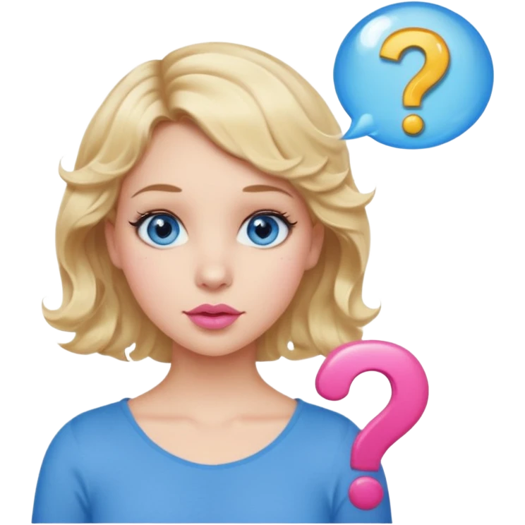 Girl Blonde short wavy hair,  blue eyes, cute blue top, long lashes, pink lips, question mark bubble emoji
